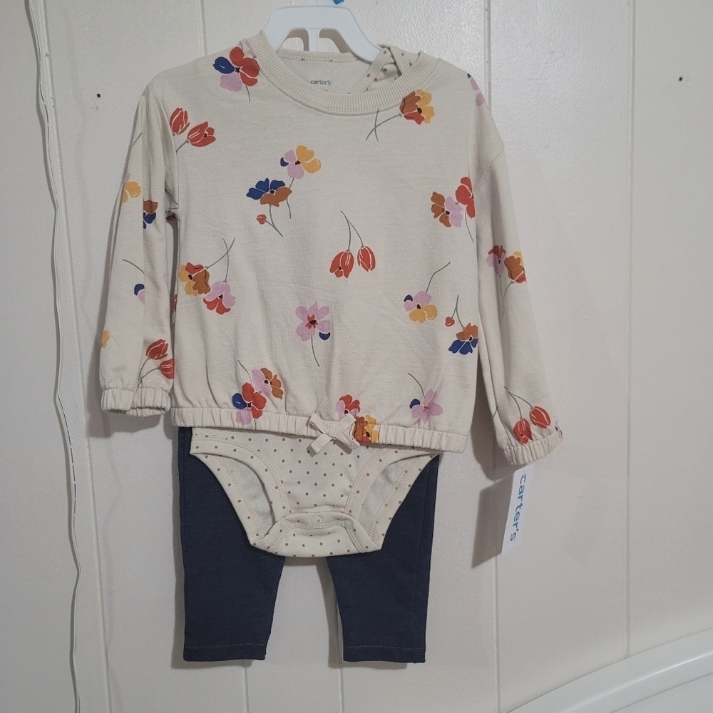 Carter's Cream Floral Top and Denim Leggings Set Size 24 Months
